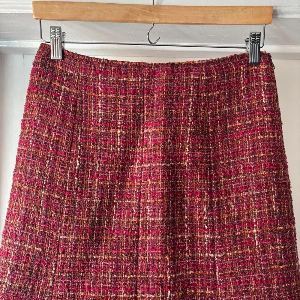 Lafayette 148 New York Tweed Midi Skirt Red Purple Flounce Hem Size 4